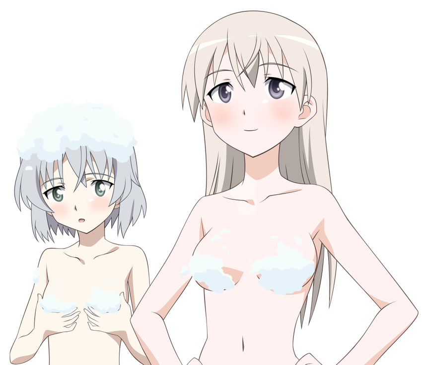 bath blush breasts censored convenient_censoring eila_ilmatar_juutilainen green_eyes highres multiple_girls nude sanya_v_litvyak strike_witches transparent_background vector_trace world_witches_series