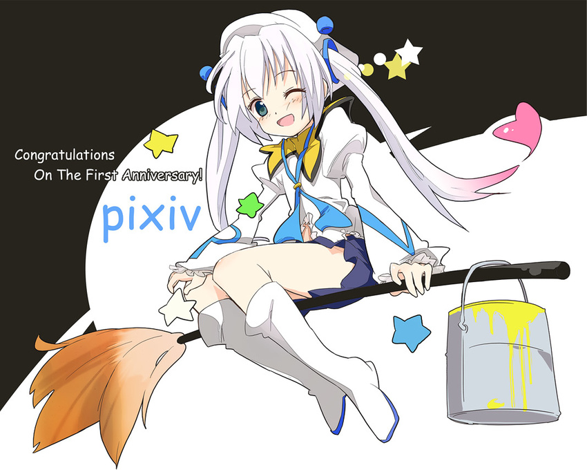 anniversary art_brush ixy one_eye_closed paint paint_can paintbrush pixiv pixiv-tan solo star white_hair