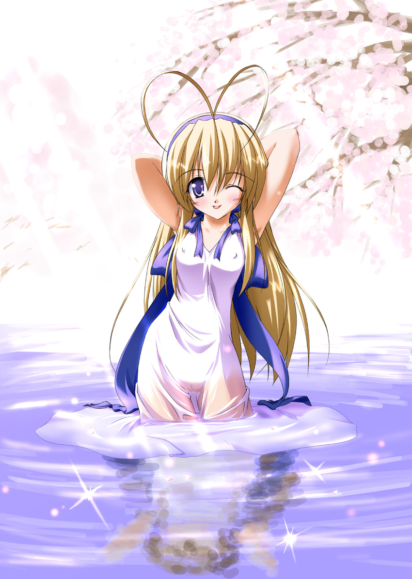 antenna_hair armpits blonde_hair blue_eyes breasts copyright_request covered_nipples hairband highres kazami_haruki one_eye_closed see-through small_breasts solo tongue wet wet_clothes