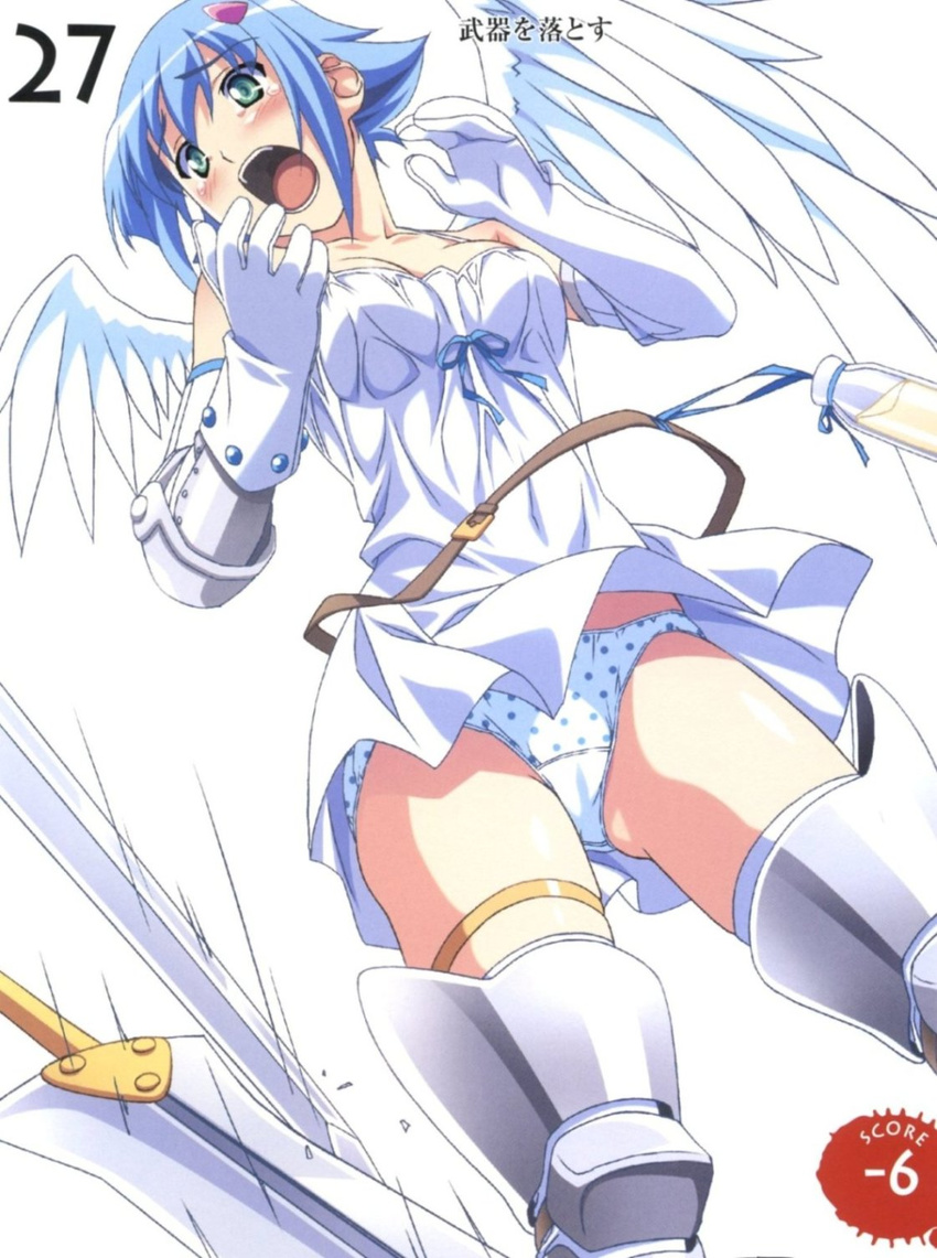 angel angel_wings artbook asymmetrical_wings bare_shoulders blue_hair blush boots breasts elbow_gloves gloves green_eyes highres kuuchuu_yousai medium_breasts miniskirt nanael open_mouth panties pantyshot polka_dot polka_dot_panties queen's_blade scan short_hair skirt solo sword tears thighhighs underwear weapon wind wind_lift wings