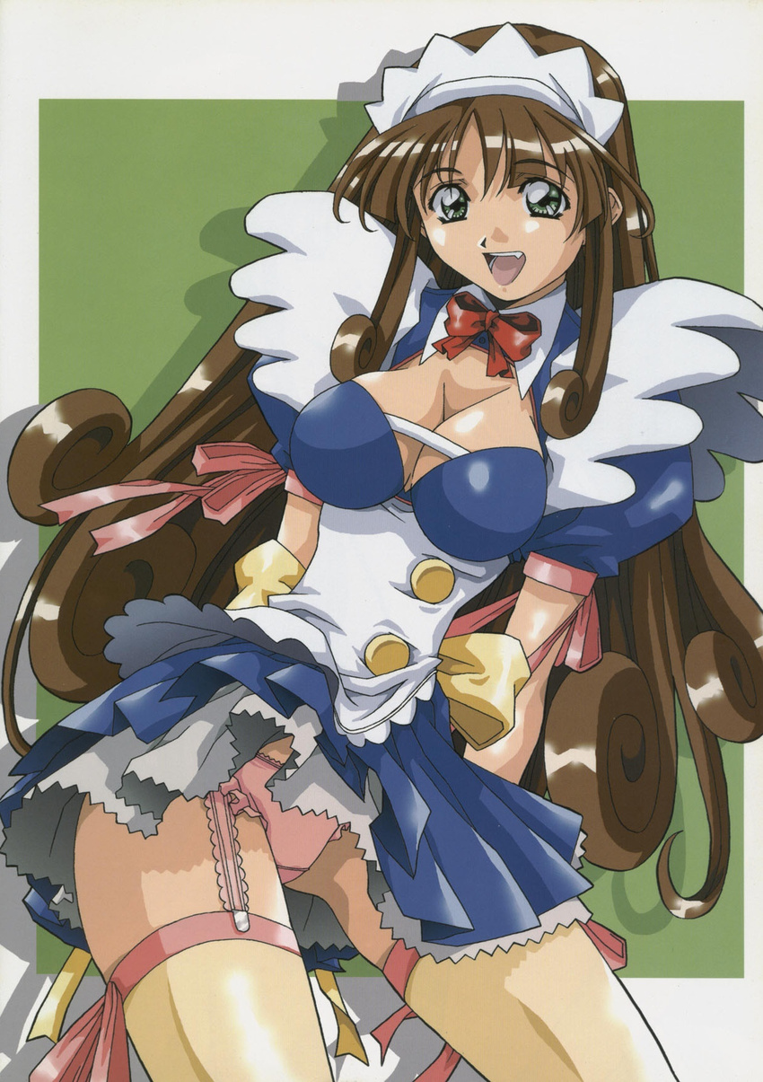 amano_yoki breasts brown_hair cleavage copyright_request fang green_eyes hair_ornament highres large_breasts long_hair maid open_mouth panties pantyshot pantyshot_(standing) ribbon solo standing thighhighs underwear very_long_hair wind wind_lift