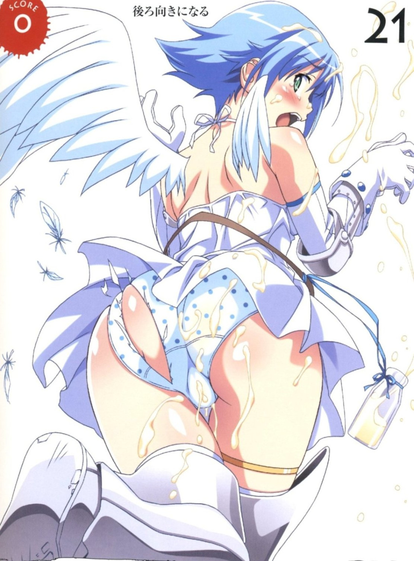 angel angel_wings artbook ass asymmetrical_wings bare_shoulders blue_hair blush boots elbow_gloves feathers gloves green_eyes highres kuuchuu_yousai milk miniskirt nanael open_mouth panties pantyshot polka_dot polka_dot_panties queen's_blade scan short_hair skirt solo tears thighhighs torn_clothes underwear wings