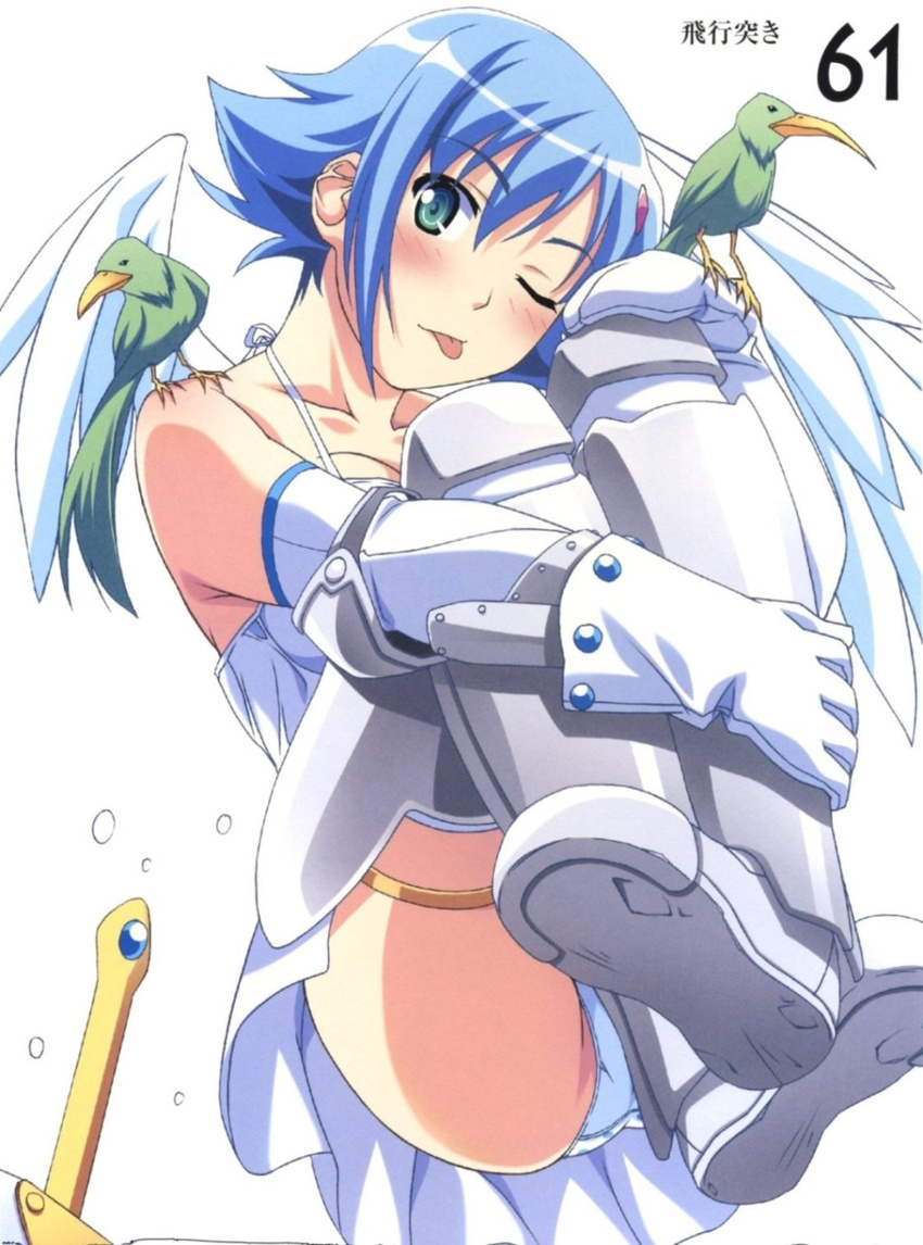 ;p angel angel_wings artbook asymmetrical_wings bare_shoulders bird blue_hair blush elbow_gloves gloves green_eyes highres kuuchuu_yousai miniskirt nanael one_eye_closed panties queen's_blade scan short_hair skirt solo thighhighs tongue tongue_out underwear wings