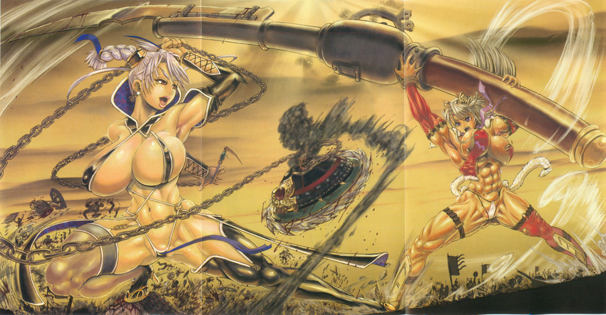 abs armor battle blood braid breasts chain copyright_request crease duel elbow_gloves gloves highres huge_breasts huge_weapon long_hair mace multiple_girls muscle muscular_female polearm rebis red_eyes short_hair smoke spear thick_thighs thighhighs thighs underboob weapon