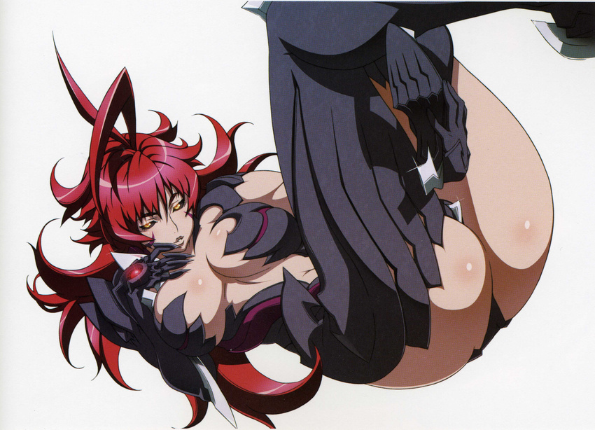 absurdres amaha_masane antenna_hair armor ass bangs bikini_armor black_sclera blade body_blush bodysuit boots breasts breasts_apart center_opening claws cleavage crossed_legs facial_mark gem glint glowing hand_on_own_chest high_heels highres large_breasts legs_up long_hair looking_at_viewer lying mature midriff navel official_art on_back one-piece_thong orange_eyes red_hair scan scan_artifacts shoes simple_background sitting solo thigh_boots thighhighs uno_makoto very_long_hair wavy_hair weapon white_background witchblade