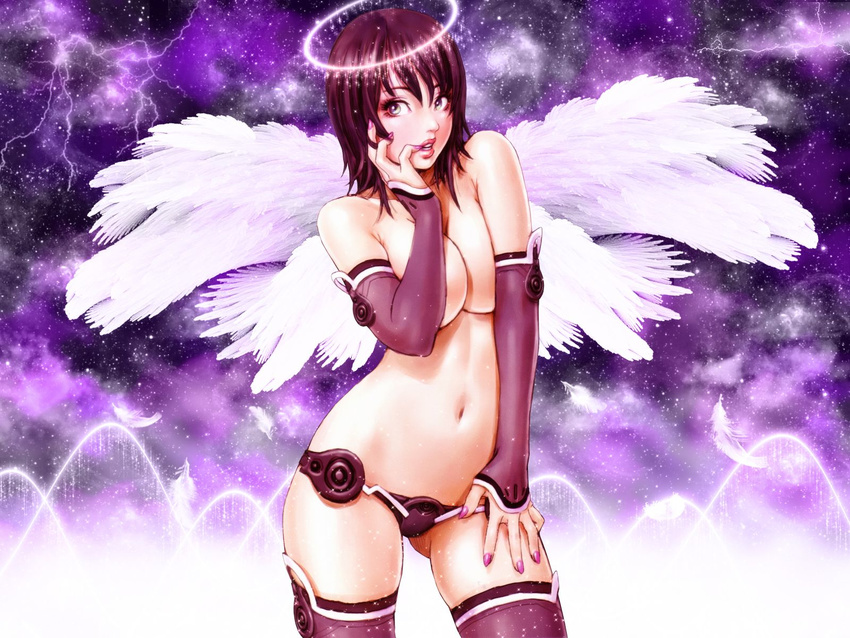 angel angel_wings biting black_hair breast_squeeze breasts chin_rest detached_sleeves feathers finger_biting fingernails green_eyes halo highres large_breasts lipstick long_fingernails lowleg makeup nail_polish naughty_face navel open_mouth solo standing teeth thighhighs third-party_edit topless wallpaper wings yamashita_shun'ya