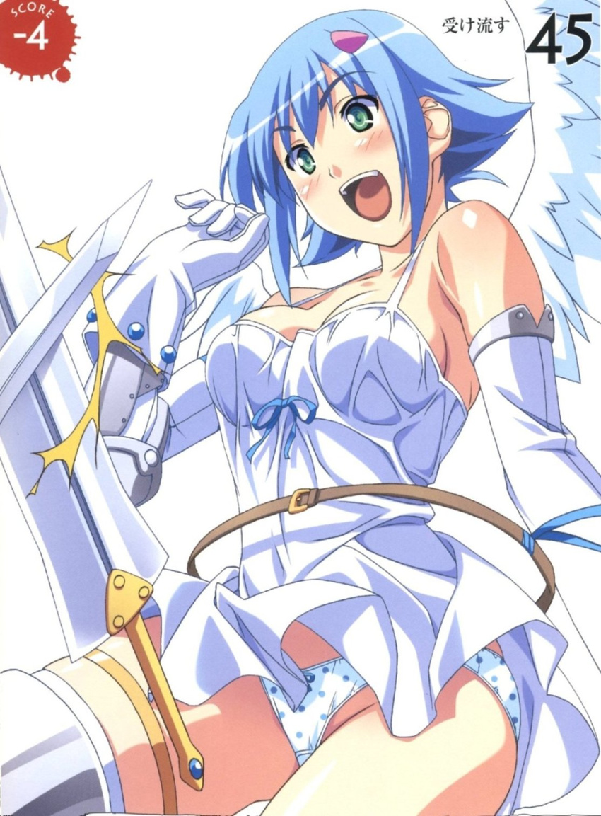 angel angel_wings artbook asymmetrical_wings bare_shoulders blue_hair blush boots breasts elbow_gloves gloves green_eyes highres kuuchuu_yousai medium_breasts miniskirt nanael open_mouth panties polka_dot polka_dot_panties queen's_blade scan short_hair skirt solo sword thighhighs underwear weapon wings