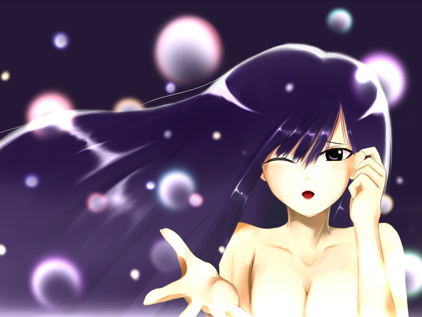 black_hair houraisan_kaguya ironote long_hair nude one_eye_closed open_mouth solo touhou