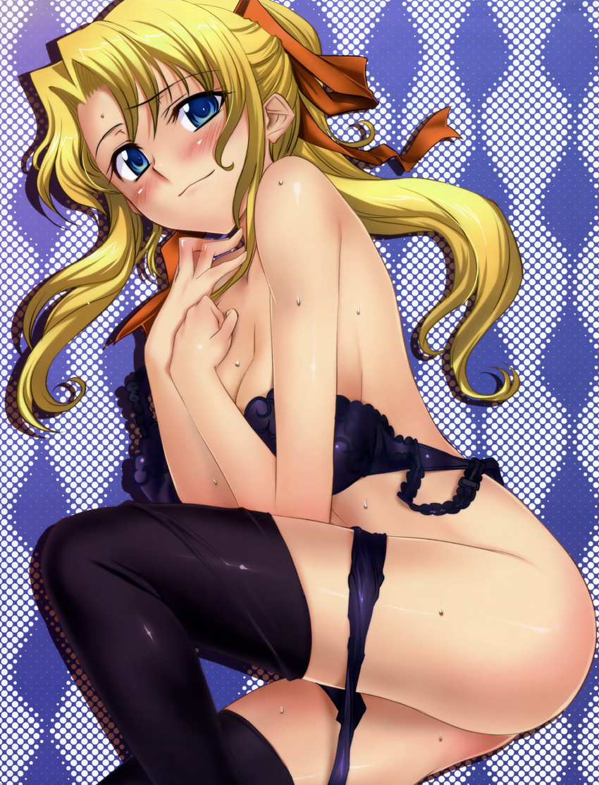 absurdres artist_request blonde_hair blue_eyes blush bra copyright_request hair_ribbon highres lingerie lying non-web_source panties panty_pull ponytail ribbon smile solo thighhighs underwear underwear_only