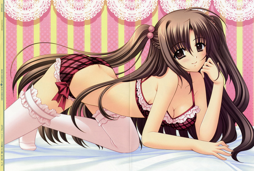 2008 absurdres all_fours arched_back bed_sheet blush bra breasts brown_eyes brown_hair butt_crack cleavage crease dengeki_hime hair_bobbles hair_ornament highres lace lace-trimmed_bra lace-trimmed_panties lace-trimmed_thighhighs lingerie long_hair medium_breasts nishimata_aoi official_art oretachi_ni_tsubasa_wa_nai panties plaid plaid_bra plaid_panties scan smile solo thighhighs twintails underwear underwear_only very_long_hair watarai_asuka