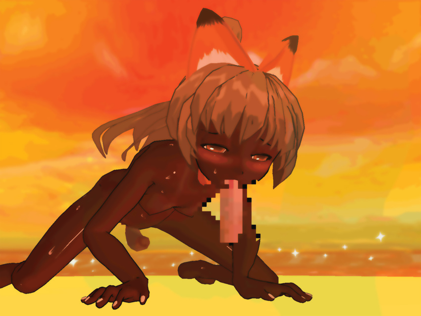 3d animal_ears beach censored dark_skin fellatio futanari highres sunset