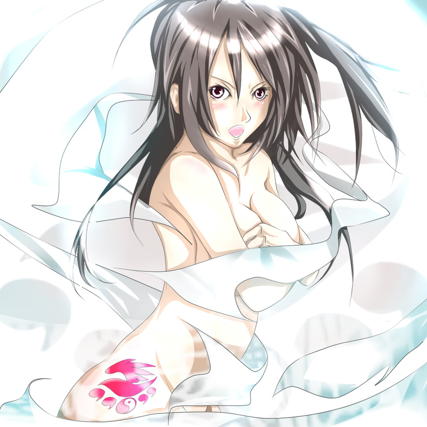 bababa1107 bad_id bad_pixiv_id black_hair blush breast_hold breasts cleavage cloth convenient_censoring highres large_breasts long_hair nude open_mouth pink_eyes sekirei solo tattoo uzume