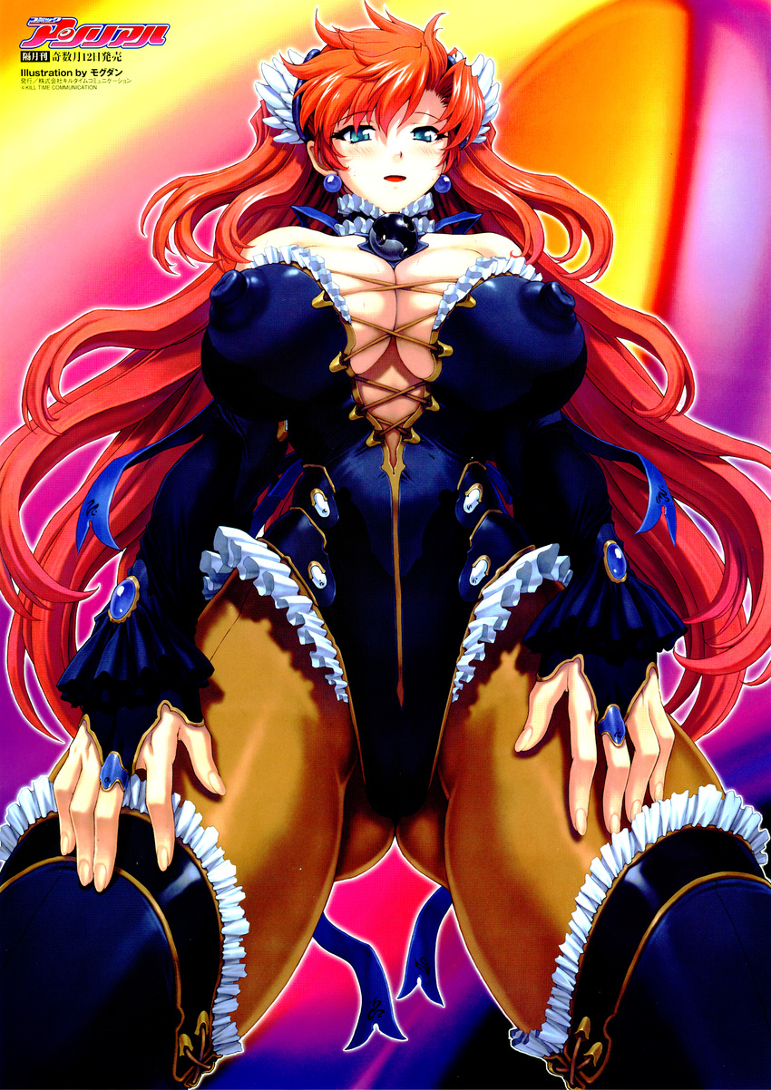 absurdres blue_eyes blush breasts cleavage comic_unreal covered_nipples earrings frills from_below highres huge_breasts huge_filesize jewelry long_hair mogudan pantyhose puffy_nipples red_hair smile solo