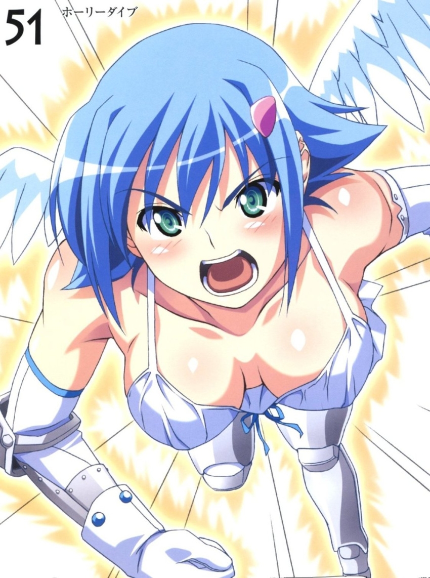 angel angel_wings angry artbook bare_shoulders blue_hair blush boots breasts cleavage elbow_gloves gloves green_eyes highres kuuchuu_yousai large_breasts nanael open_mouth queen's_blade scan short_hair solo wings