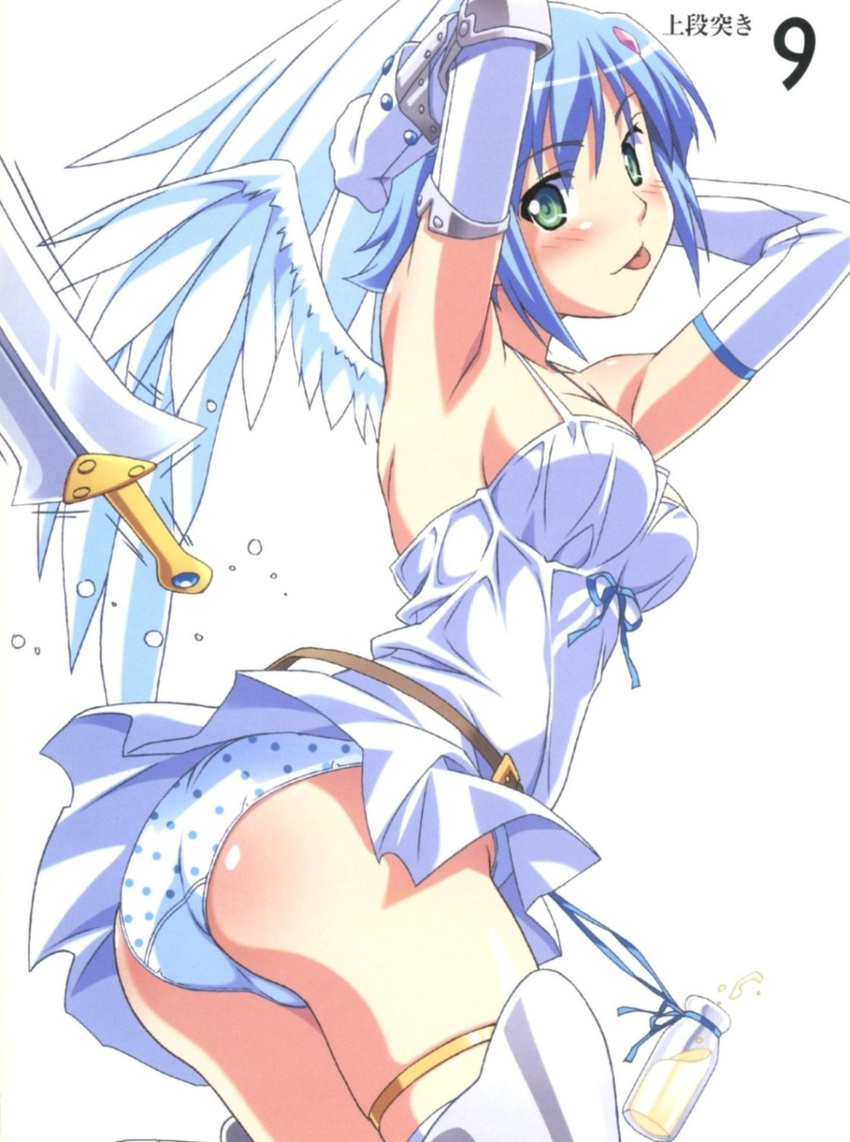 :p angel angel_wings armpits arms_up artbook ass asymmetrical_wings bare_shoulders blue_hair blush boots breasts elbow_gloves gloves green_eyes highres kuuchuu_yousai medium_breasts miniskirt nanael panties pantyshot polka_dot polka_dot_panties queen's_blade scan short_hair skirt solo sword thighhighs tongue tongue_out underwear weapon wind wind_lift wings