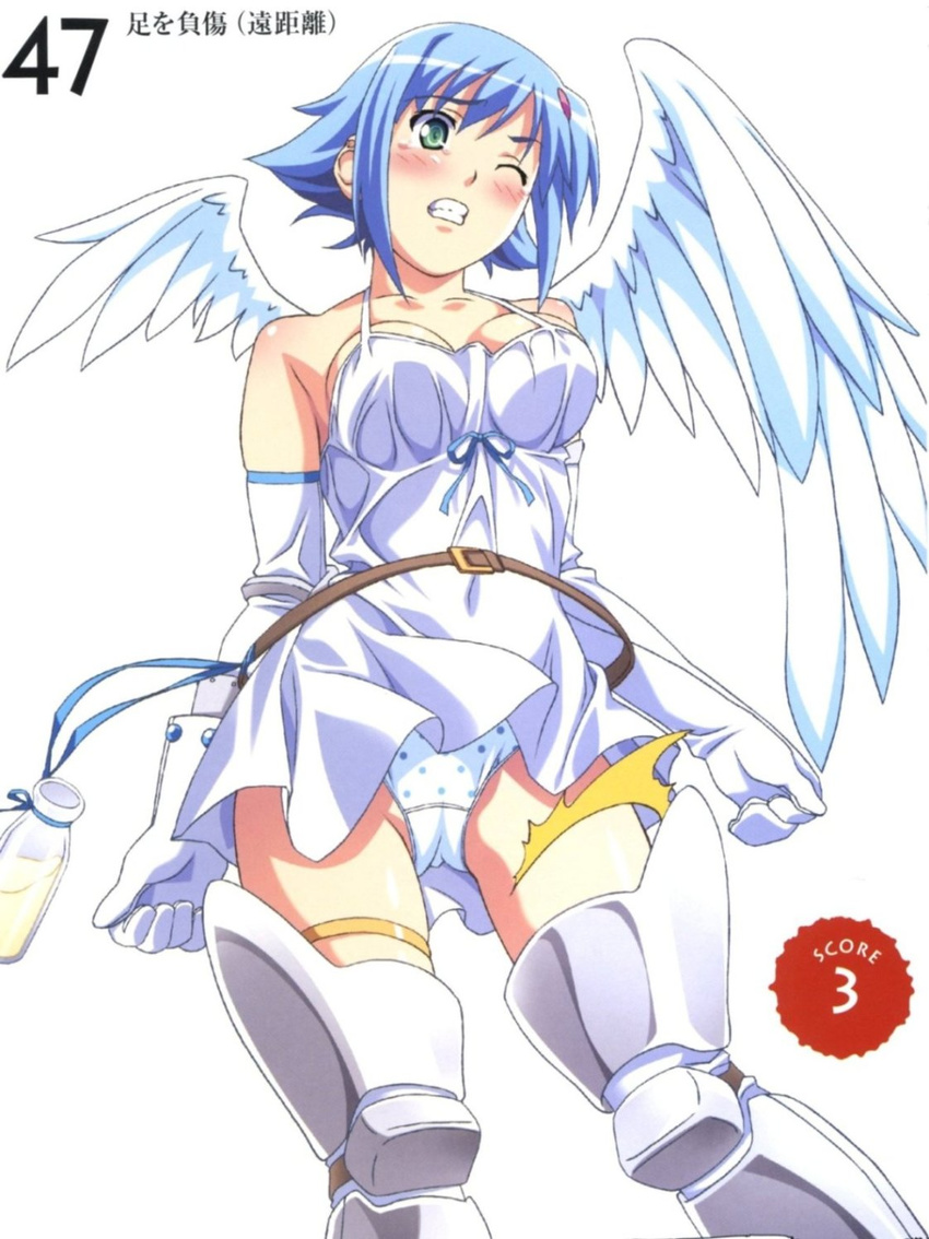 angel angel_wings artbook asymmetrical_wings bare_shoulders blue_hair blush boots elbow_gloves gloves green_eyes highres kuuchuu_yousai miniskirt nanael open_mouth panties polka_dot polka_dot_panties queen's_blade scan short_hair skirt solo thighhighs underwear wind wind_lift wings