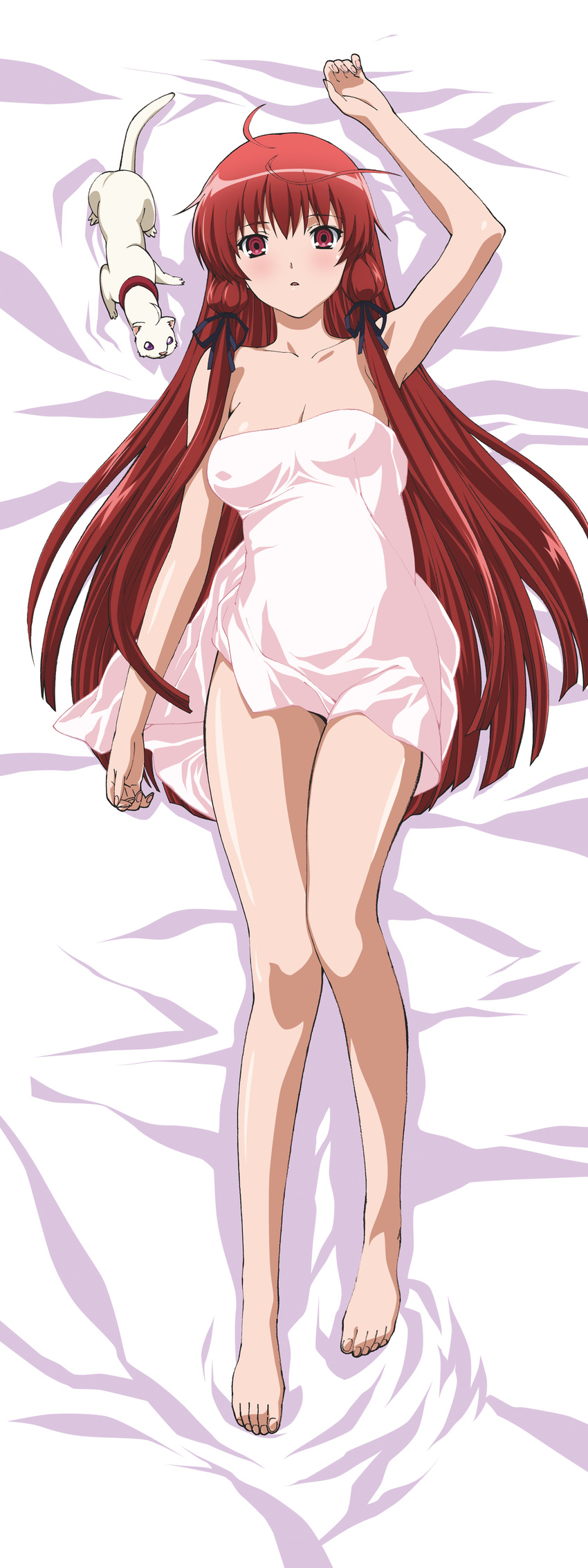 absurdres artist_request blush highres himuro_akari long_hair naked_towel night_wizard red_eyes red_hair skirt solo towel