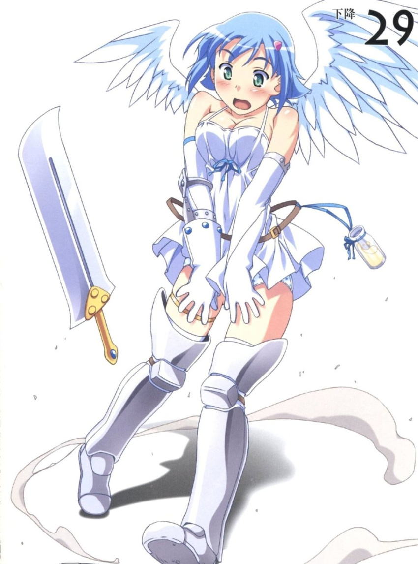 angel angel_wings artbook asymmetrical_wings bare_shoulders blue_hair blush boots breasts cleavage elbow_gloves gloves green_eyes highres kuuchuu_yousai large_breasts miniskirt nanael open_mouth panties queen's_blade scan short_hair skirt solo sword thighhighs underwear weapon wings