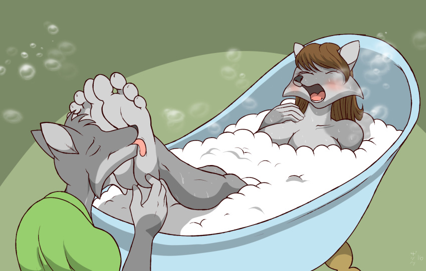 2016 4_toes anthro barefoot bath bathtub blush breasts bubble bubble_bath canid canine canis chloe_shiwulf clothing digital_media_(artwork) duo eyes_closed feet female foot_fetish foot_lick foot_worship humanoid_feet licking male mammal moan plantigrade roger_(zp92) shirt soles steam toes tongue tongue_out wolf zp92