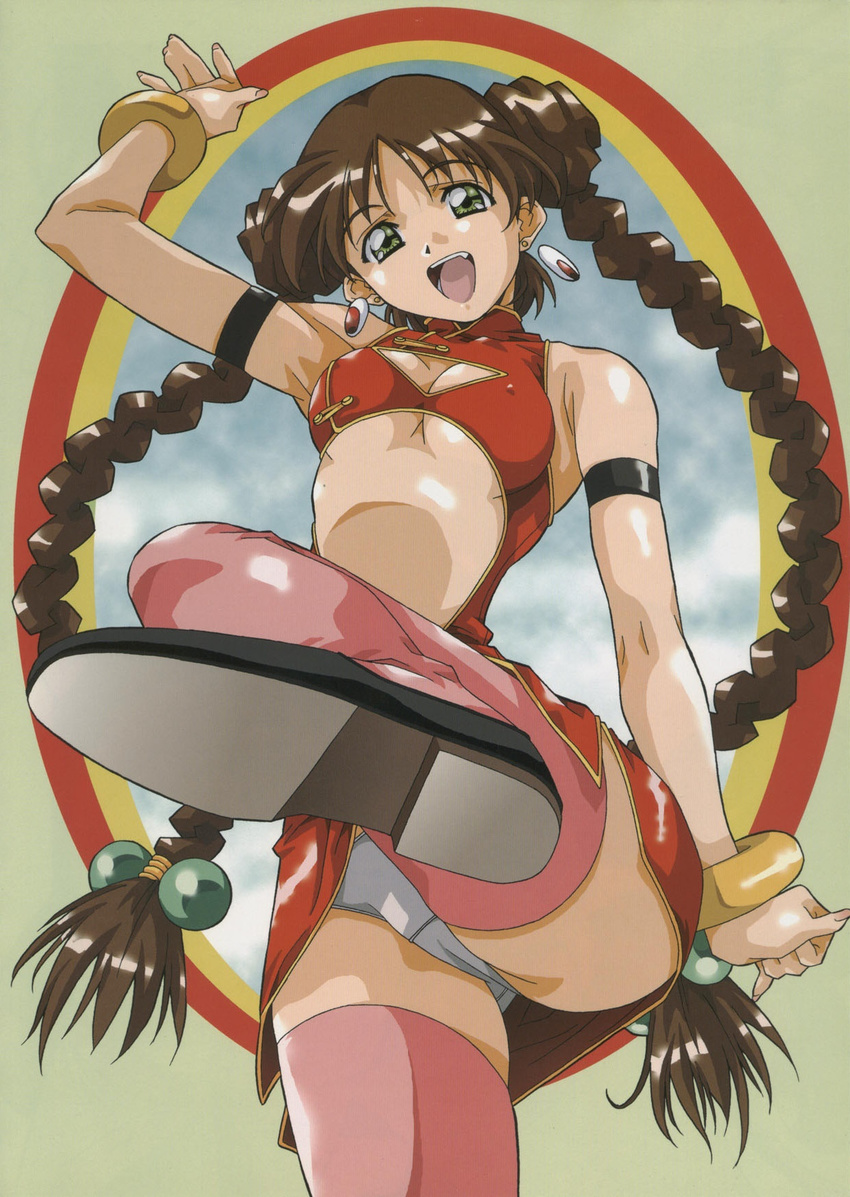 amano_yoki armpits arms_up bare_shoulders braid breasts brown_hair china_dress chinese_clothes cleavage cleavage_cutout copyright_request covered_nipples dress earrings fang feet foreshortening green_eyes highres jewelry kicking large_breasts long_hair midriff panties pantyshot pov_feet solo thighhighs twin_braids underwear very_long_hair white_panties