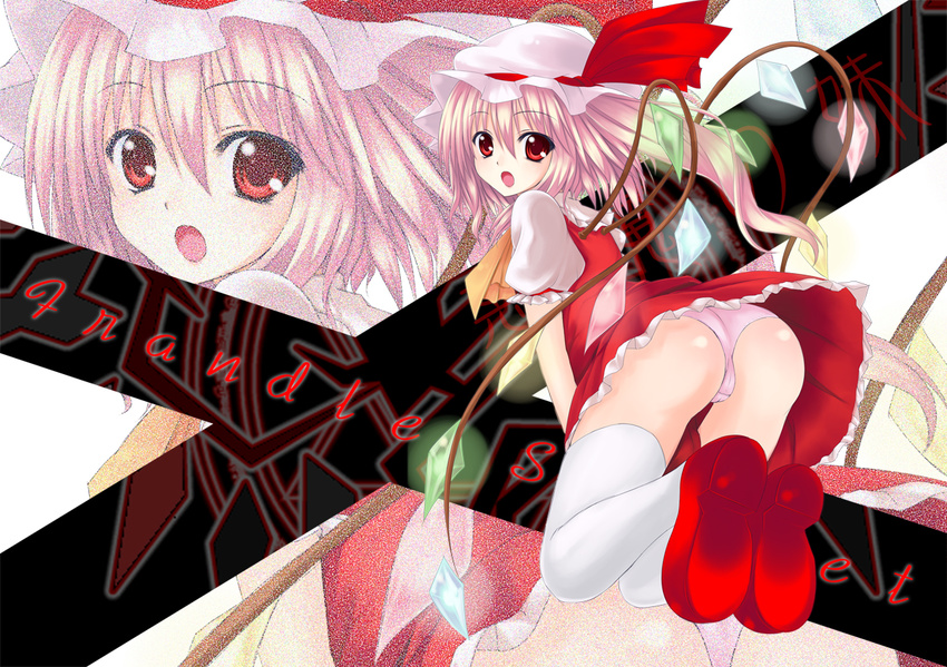 ass bad_id bad_pixiv_id flandre_scarlet hat panties pink_hair red_eyes ribbon solo thighhighs touhou underwear utakata_(kochou_no_yume) wings