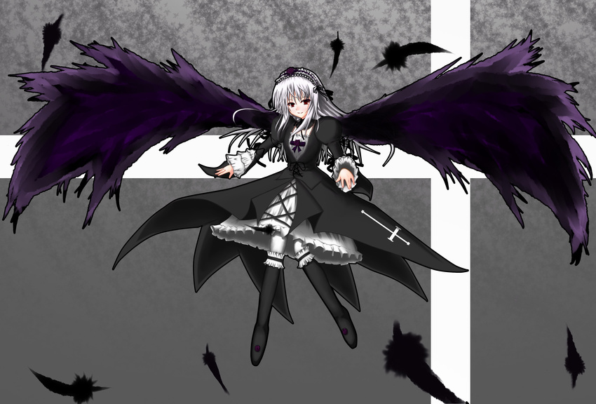 absurdres artist_request bangs highres rozen_maiden silver_hair solo suigintou wings