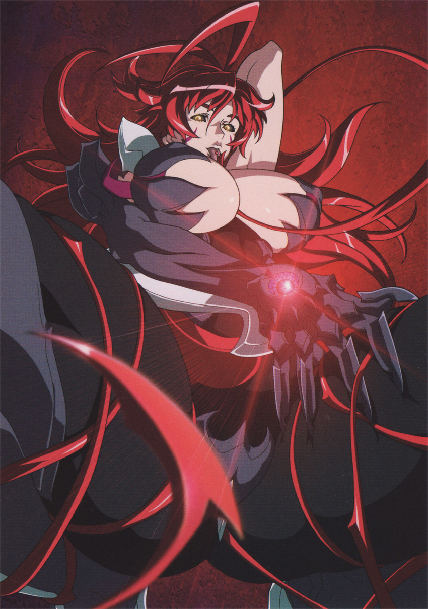 amaha_masane armor artist_request bikini_armor black_sclera breasts claws cleavage highres huge_breasts long_hair red_hair solo tight tongue very_long_hair witchblade