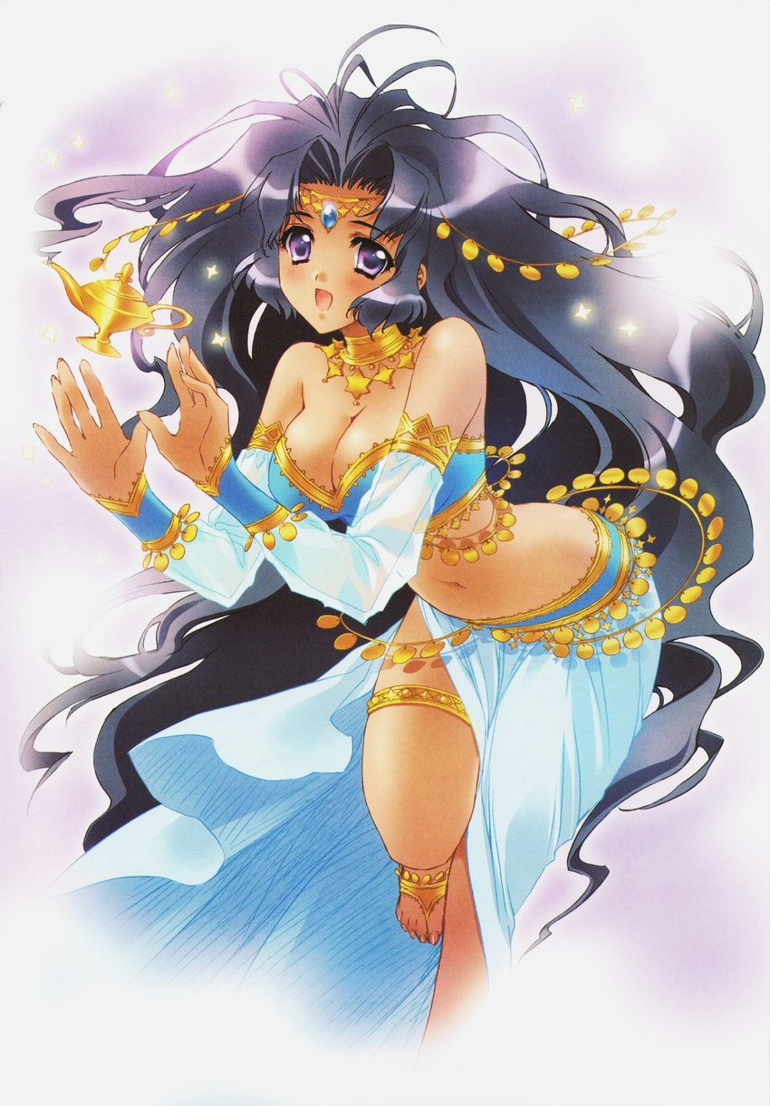 artbook black_hair blush breasts carnelian cleavage copyright_request genie gypsy highres large_breasts long_hair purple_eyes solo