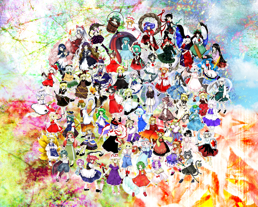 aki_minoriko aki_shizuha alice_margatroid anchor animal_ears arm_warmers ascot asymmetrical_wings backpack bag bat_wings black_hair black_legwear blazer blonde_hair blouse blue_eyes blue_hair blush book bow braid brown_eyes brown_hair bucket bunny_ears bunny_tail cape capelet cat_ears cat_tail cellphone chain checkered checkered_skirt chen chinese_clothes cirno closed_umbrella crescent cuffs cup detached_sleeves doll dress drill_hair earrings elbow_gloves everyone eyeball fang fire flandre_scarlet flower food fox_tail frills frog front_ponytail fruit fujiwara_no_mokou gap geta gloves gourd gradient_hair grapes green_eyes green_hair grey_hair hair_bobbles hair_bow hair_ornament hair_ribbon hair_tubes hairband hakurei_reimu hat hat_ribbon heart heterochromia highres hijiri_byakuren himekaidou_hatate hinanawi_tenshi hong_meiling hood horn horns hoshiguma_yuugi houjuu_nue houraisan_kaguya ibuki_suika in_bucket in_container inaba_tewi inubashiri_momiji izayoi_sakuya jacket japanese_clothes jewelry kaenbyou_rin kagiyama_hina kamishirasawa_keine katana kawashiro_nitori kazami_yuuka key kirisame_marisa kisume kneehighs knife kochiya_sanae komeiji_koishi komeiji_satori konpaku_youmu konpaku_youmu_(ghost) kumoi_ichirin kurodani_yamame leaf letty_whiterock lily_white long_hair long_skirt luna_child lunasa_prismriver lyrica_prismriver maid maid_headdress mdnk medicine_melancholy merlin_prismriver mizuhashi_parsee moriya_suwako mouse mouse_ears mouse_tail multicolored_hair multiple_girls multiple_tails murasa_minamitsu mystia_lorelei nagae_iku nazrin necktie nurse_cap one_eye_closed onozuka_komachi oota_jun'ya_(style) open_mouth pants parasol parody patchouli_knowledge peach phone pink_hair plaid plaid_skirt plaid_vest pointy_ears polearm purple_eyes purple_hair red_eyes red_hair reisen_udongein_inaba reiuji_utsuho remilia_scarlet ribbon rope rumia saigyouji_yuyuko sailor sailor_collar sailor_hat sakazuki sandals scarf scythe shameimaru_aya shanghai_doll shiki_eiki shimenawa short_hair silver_hair skirt skirt_set smile snake star_sapphire style_parody su-san sun_hat sunny_milk sword tail tatara_kogasa tengu-geta thighhighs tokin_hat tongue toramaru_shou touhou trident twin_braids two_side_up umbrella unzan very_long_hair vest weapon white_hair wings witch_hat wriggle_nightbug yagokoro_eirin yakumo_ran yakumo_yukari yasaka_kanako yellow_eyes zettai_ryouiki