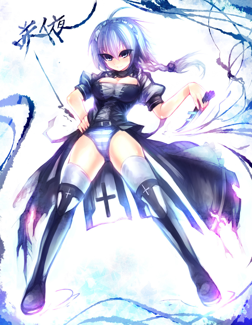 alternate_costume between_fingers blue_eyes braid breasts character_name cleavage highres izayoi_sakuya knife large_breasts maid maid_headdress mamuru panties short_hair silver_hair solo striped striped_panties thighhighs touhou twin_braids underwear