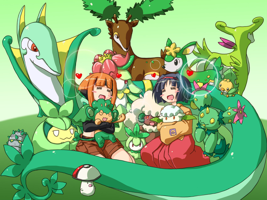 belt black_hair blush blush_stickers cottonee deerling erika_(pokemon) ferroseed foongus gen_5_pokemon gym_leader hairband japanese_clothes kimono lilligant maractus midriff multiple_girls natane_(pokemon) navel orange_hair pansage petilil pokemon pokemon_(creature) pokemon_(game) pokemon_bw pokemon_frlg sawsbuck serperior sewaddle shirogane_(cufsser) short_hair shorts smile swadloon virizion whimsicott