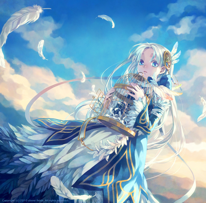 2010 album_cover bangs birdcage blue_eyes blue_sky cage cloud cover day detached_sleeves dress dutch_angle feathers hair_feathers hair_ornament highres holding jewelry long_hair long_sleeves looking_at_viewer minami_seira original outdoors parted_lips sky solo standing very_long_hair white_hair wide_sleeves