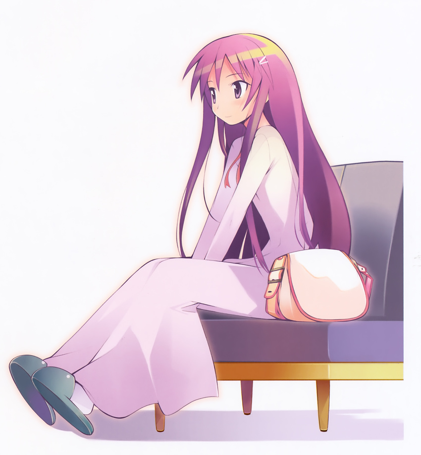 absurdres akiba_rika bag couch dress hair_ornament hairclip hanbun_no_tsuki_ga_noboru_sora handbag highres long_dress long_hair purple_eyes purple_hair ribbon sitting slippers solo yamamoto_keiji