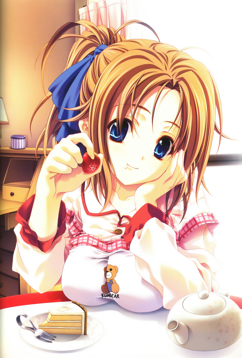 absurdres blue_eyes breasts brown_hair copyright_request eating food fruit highres holding holding_food holding_fruit medium_breasts miyama-zero ponytail solo strawberry