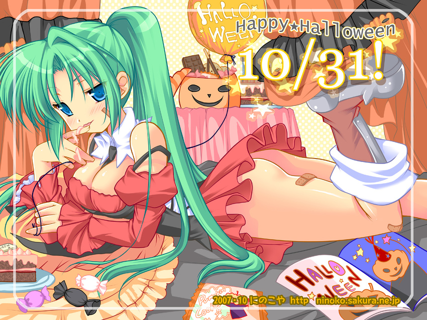 ass balloon bandaid blue_eyes blush breasts cake candy cleavage dated finger_licking food green_hair halloween higurashi_no_naku_koro_ni large_breasts licking lying ninoko on_stomach pastry pocky ponytail solo sonozaki_mion strap_slip waitress