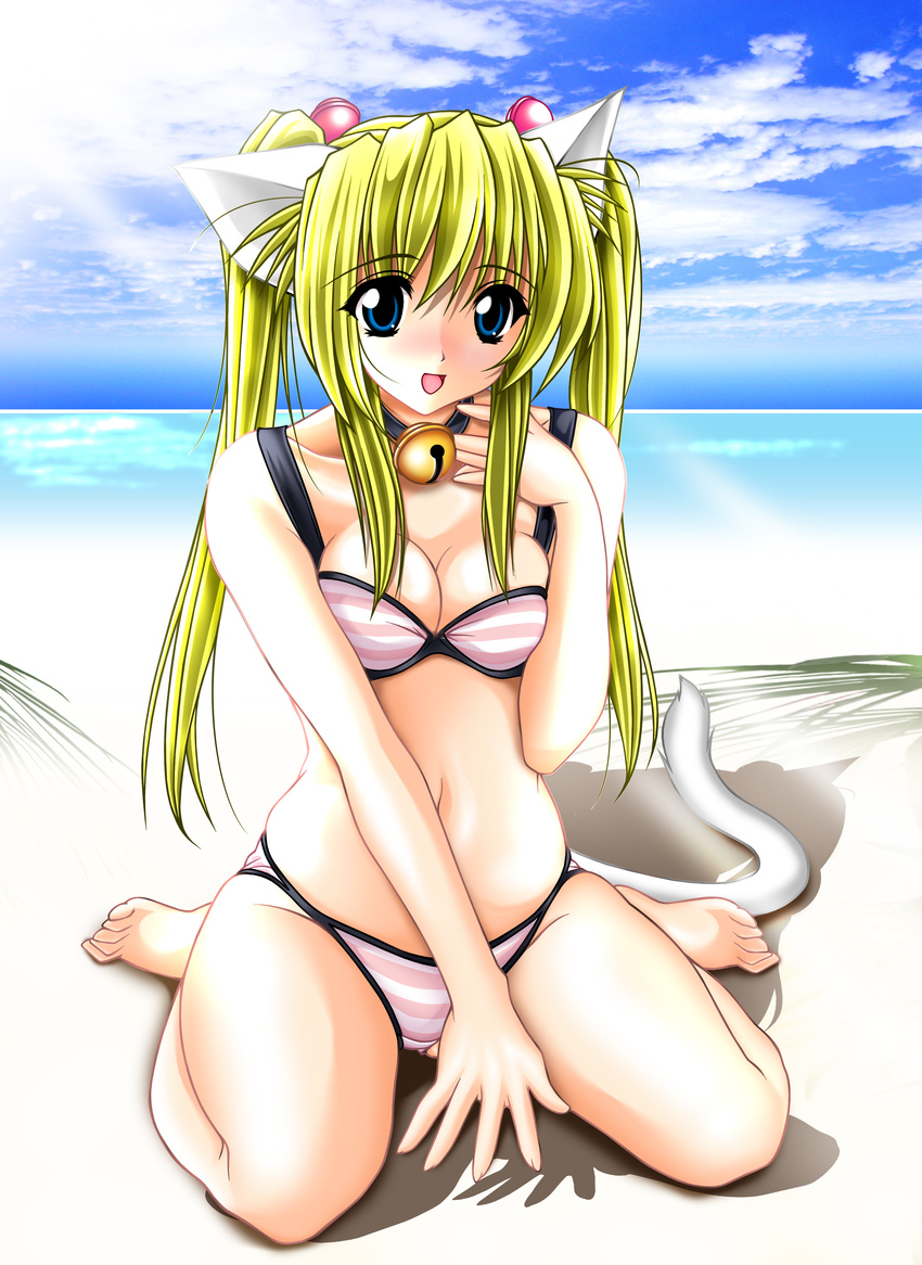 absurdres animal_ears beach bell bikini blonde_hair blue_eyes blush breast_squeeze breasts cat_ears choker cleavage copyright_request day highres long_hair medium_breasts outdoors smile solo striped striped_bikini swimsuit tomoya_kankurou twintails