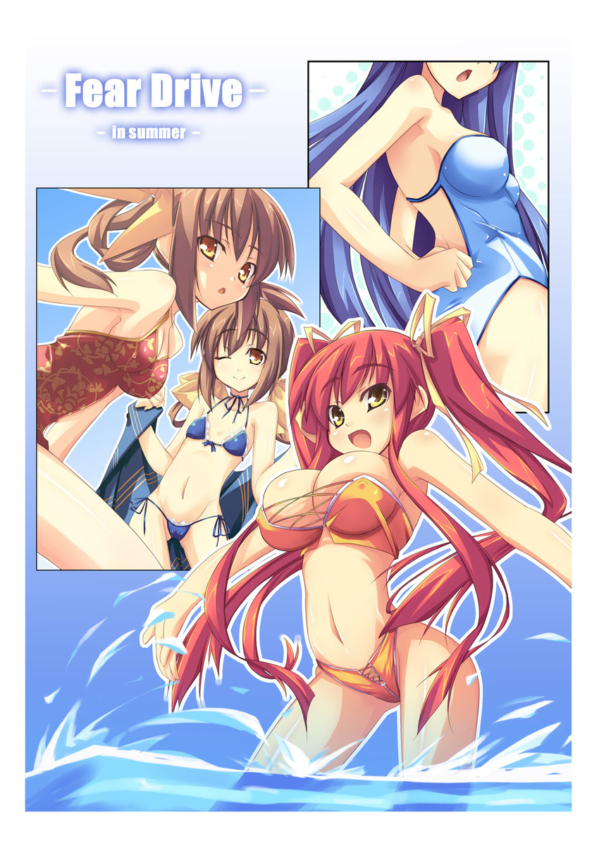 artist_request bikini blue_hair breasts brown_hair cameltoe cleavage copyright_request covered_nipples flat_chest highres large_breasts long_hair multiple_girls non-web_source one_eye_closed open_mouth red_hair smile swimsuit twintails water yellow_eyes