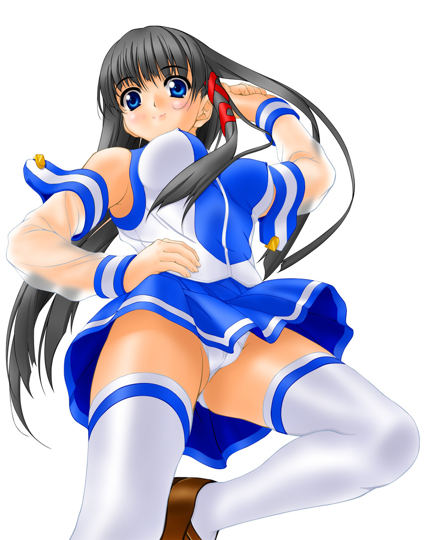 black_hair blue_eyes blue_skirt breasts cameltoe covered_nipples from_below highres large_breasts long_hair non-web_source os-tan panties pantyshot skirt solo thighhighs underwear upskirt xp-tan