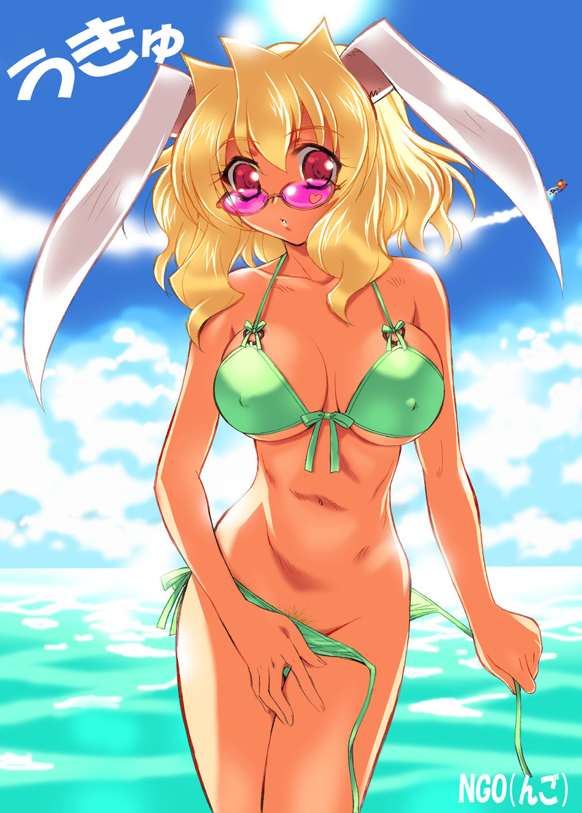 animal_ears bikini blonde_hair breasts bunny_ears cloud copyright_request covered_nipples day highres large_breasts ngo non-web_source pubic_hair red_eyes side-tie_bikini sky solo sunglasses swimsuit water