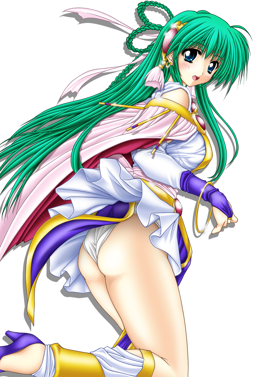 absurdres ass blue_eyes blush bracelet braid bridal_gauntlets can_can_bunny detached_sleeves drop_shadow eyebrows_visible_through_hair green_hair high_heels highres jewelry long_hair open_mouth panties shoes simple_background skirt solo swatty_(can_can_bunny) tomoya_kankurou underwear watermark web_address white_background white_panties