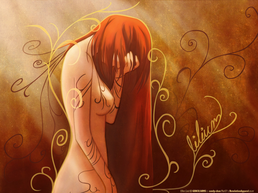 2007 breasts covering_face elfen_lied hair_over_eyes highres ink long_hair lucy_(elfen_lied) markings medium_breasts no_nipples nude red_hair sideboob solo source_request tattoo very_long_hair wallpaper
