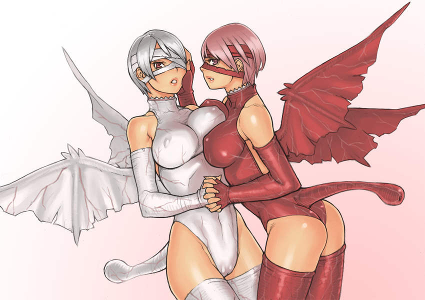 2girls ass asymmetrical_docking bandage_over_one_eye bandages bangs bare_shoulders breast_press breasts covered_navel covered_nipples demon_girl demon_wings elbow_gloves fingerless_gloves from_side gloves gradient gradient_background groin halterneck hand_on_another's_cheek hand_on_another's_face highleg highleg_leotard holding_hands incest interlocked_fingers khezu lace large_breasts leaning_forward leotard looking_at_viewer monster_hunter multiple_girls parted_lips personification pink_eyes pink_hair profile red_eyes red_gloves red_khezu red_legwear red_leotard short_hair siblings sisters tail thighhighs turtleneck twincest twins white_gloves white_hair white_legwear white_leotard wings