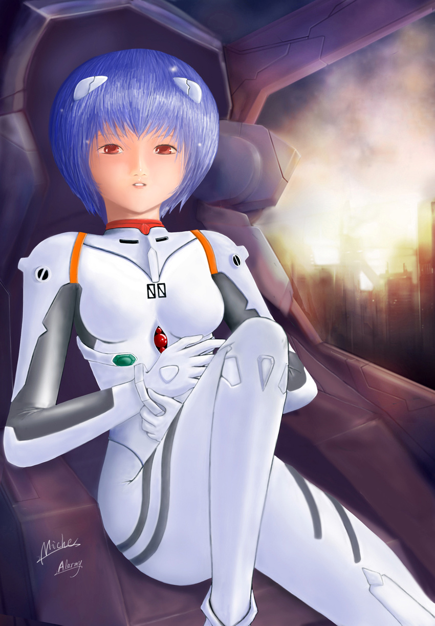 absurdres alarmy artist_name ayanami_rei bangs blue_hair bodysuit bracer breasts building cityscape cloud cloudy_sky cockpit collaboration convenient_leg feet_out_of_frame gloves headgear highres knee_up leaning_back looking_at_viewer miche neon_genesis_evangelion number parted_lips pilot_suit plugsuit red_eyes short_hair signature sitting sky skyscraper small_breasts smile solo straight_hair sunlight sunset turtleneck white_bodysuit
