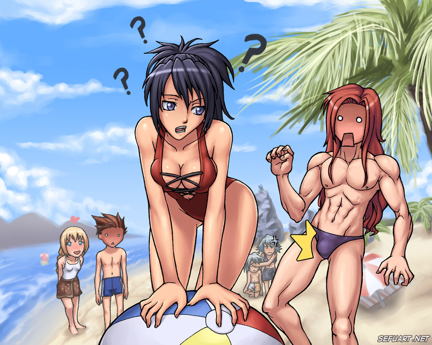 3girls ? abs angry ball beach beachball black_hair blonde_hair blue_hair blush breasts brown_hair bulge cleavage collet_brunel covering_one_eye curvy day erection erection_under_clothes everyone fujibayashi_shiina genius_sage grey_hair heart large_breasts lloyd_irving male_swimwear multiple_boys multiple_girls navel ocean one-piece_swimsuit palm_tree red_hair refill_sage regal_bryan sand speh surprised swim_briefs swimsuit swimwear tales_of_(series) tales_of_symphonia tree zelos_wilder