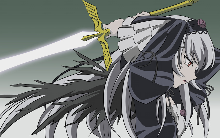 highres long_hair rozen_maiden silver_hair solo suigintou sword vector_trace wallpaper weapon wings