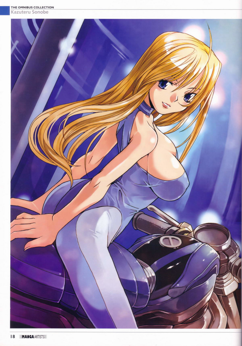 biker_clothes bikesuit blonde_hair blue_eyes bodysuit breasts ground_vehicle highres large_breasts long_hair motor_vehicle motorcycle original skin_tight solo sonobe_kazuaki