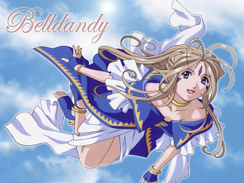 aa_megami-sama anklet artist_request belldandy bracelet brown_hair character_name facial_mark forehead_mark highres jewelry long_hair ring solo