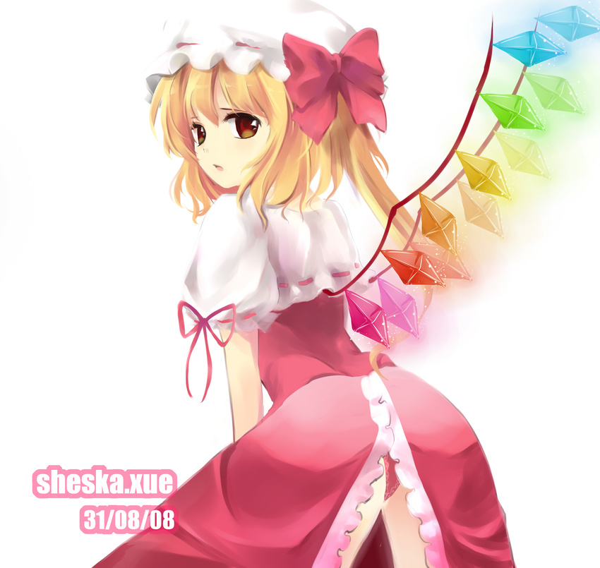 ass blonde_hair flandre_scarlet hat highres panties ponytail rainbow_order ribbon sheska_xue short_hair solo touhou underwear wings