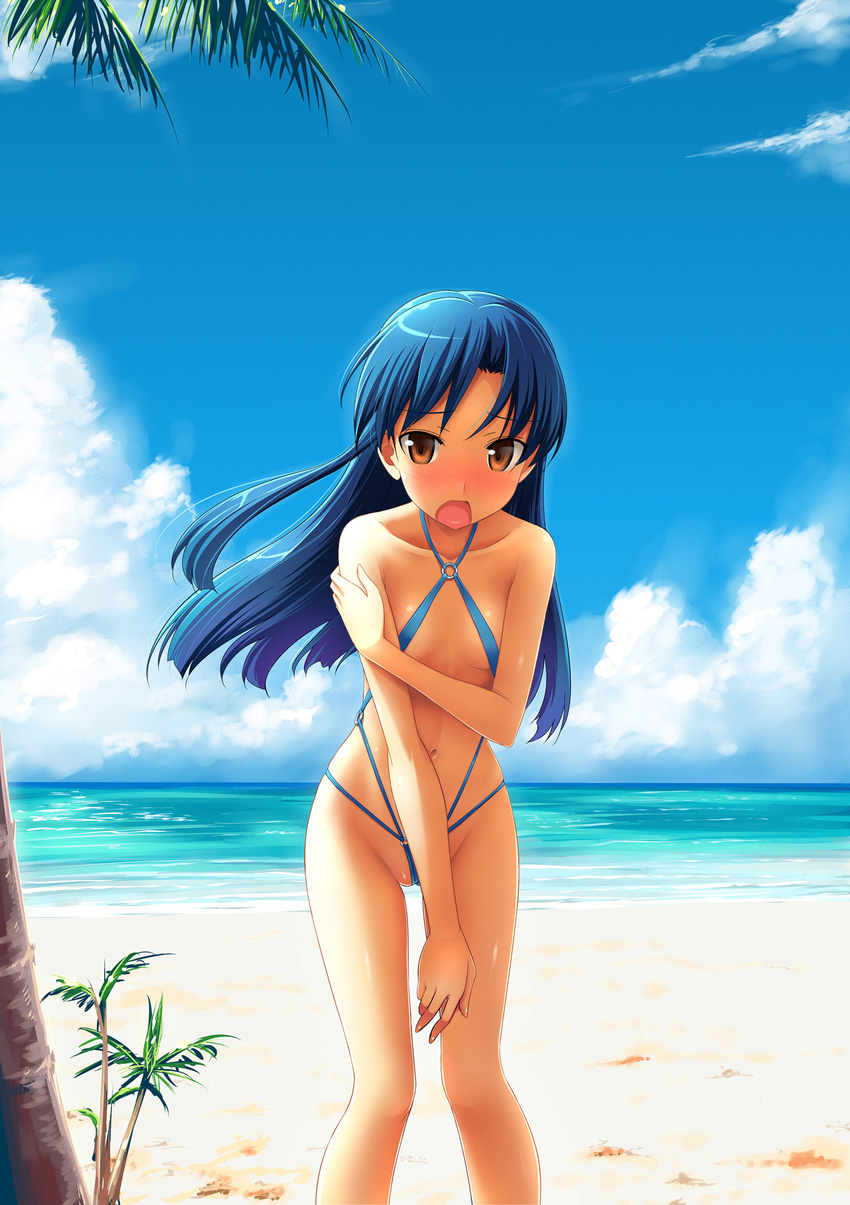 beach blue_hair blush brown_eyes cloud covering day embarrassed flat_chest highres idolmaster idolmaster_(classic) idolmaster_live_for_you! kisaragi_chihaya leaning_forward long_hair navel open_mouth outdoors palm_tree skindentation sky slingshot_swimsuit solo swimsuit takayaki tree water