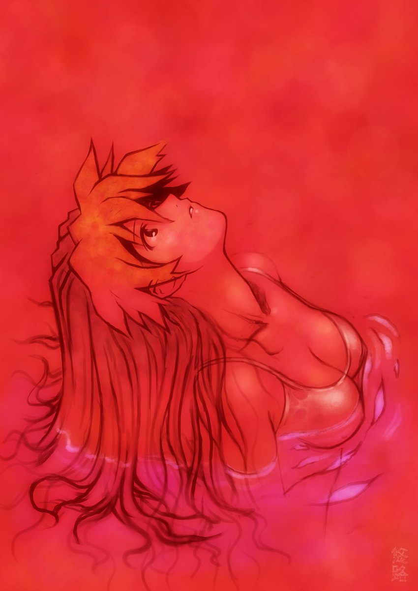 breasts highres kobayashi_yuuji large_breasts long_hair neon_genesis_evangelion red red_background solo souryuu_asuka_langley swimsuit wet